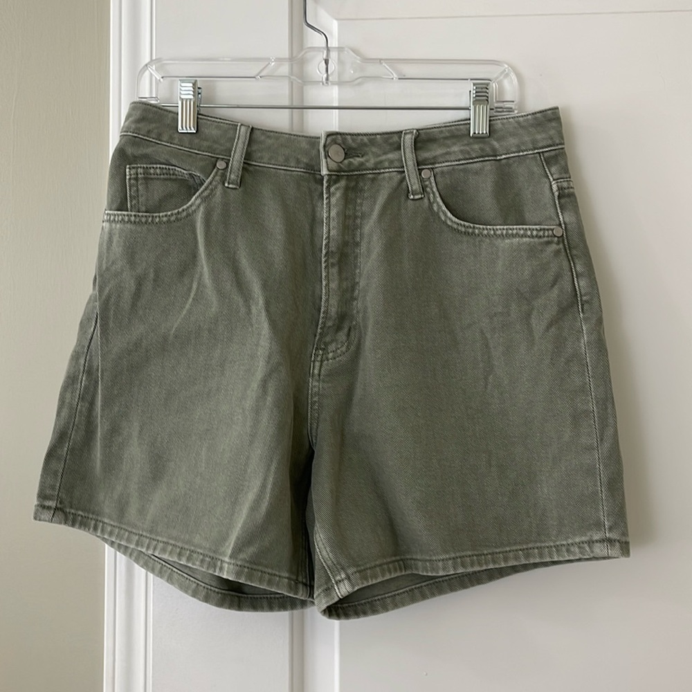 Olive colored denim shorts